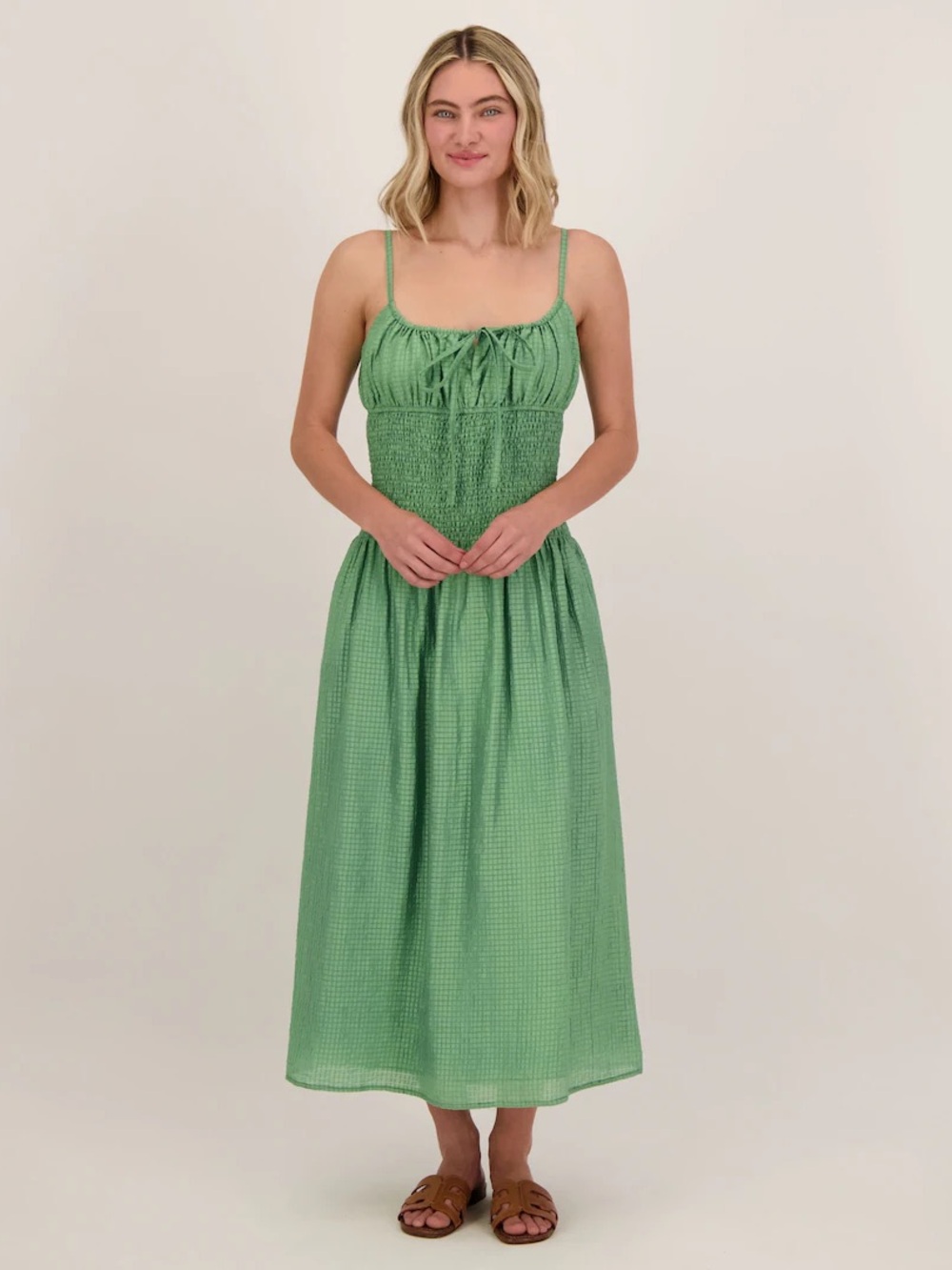 Lulu's Light Green Smocked Midi Dress with Tie Front